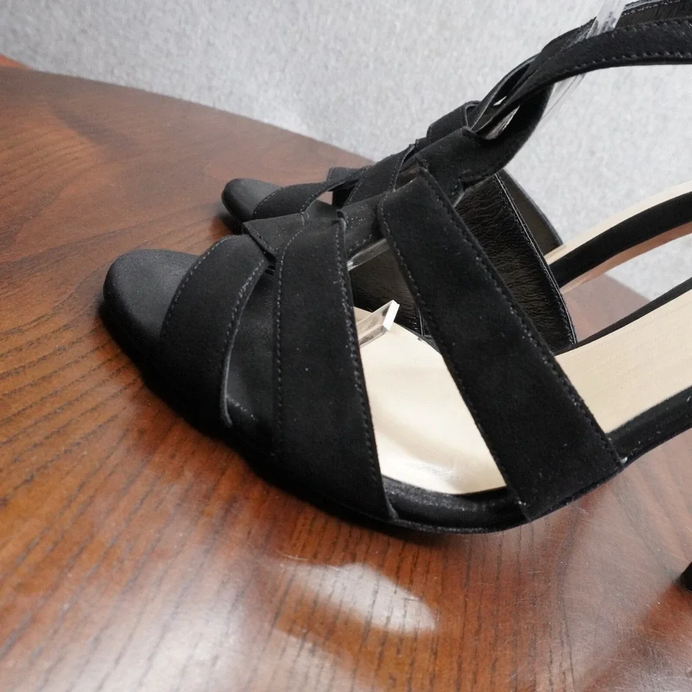 Kate Spade T Strap Sandals Women's 9.5B Black Suede Strappy Stiletto Heels Shoes